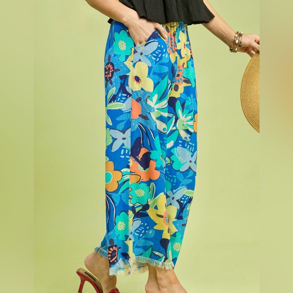 👀 ♥️ Umgee Floral Print Boho Wide Leg Linen Blend Pants - Cerulean - Picture 3 of 8